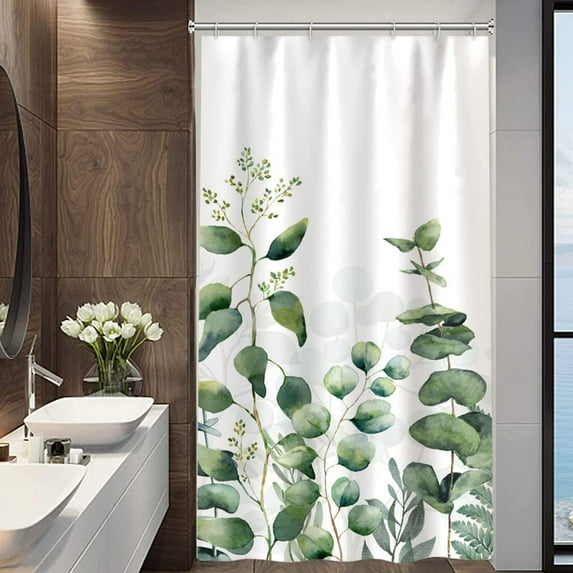 Small Stall Half Size Narrow Plant Shower Curtain 36Wx72H Inch Green Eucalyptus Leaves Shower Curtain Watercolor Nature Botanical Plant Bathroom Curtain Waterproof Fabric with 12 Hooks
