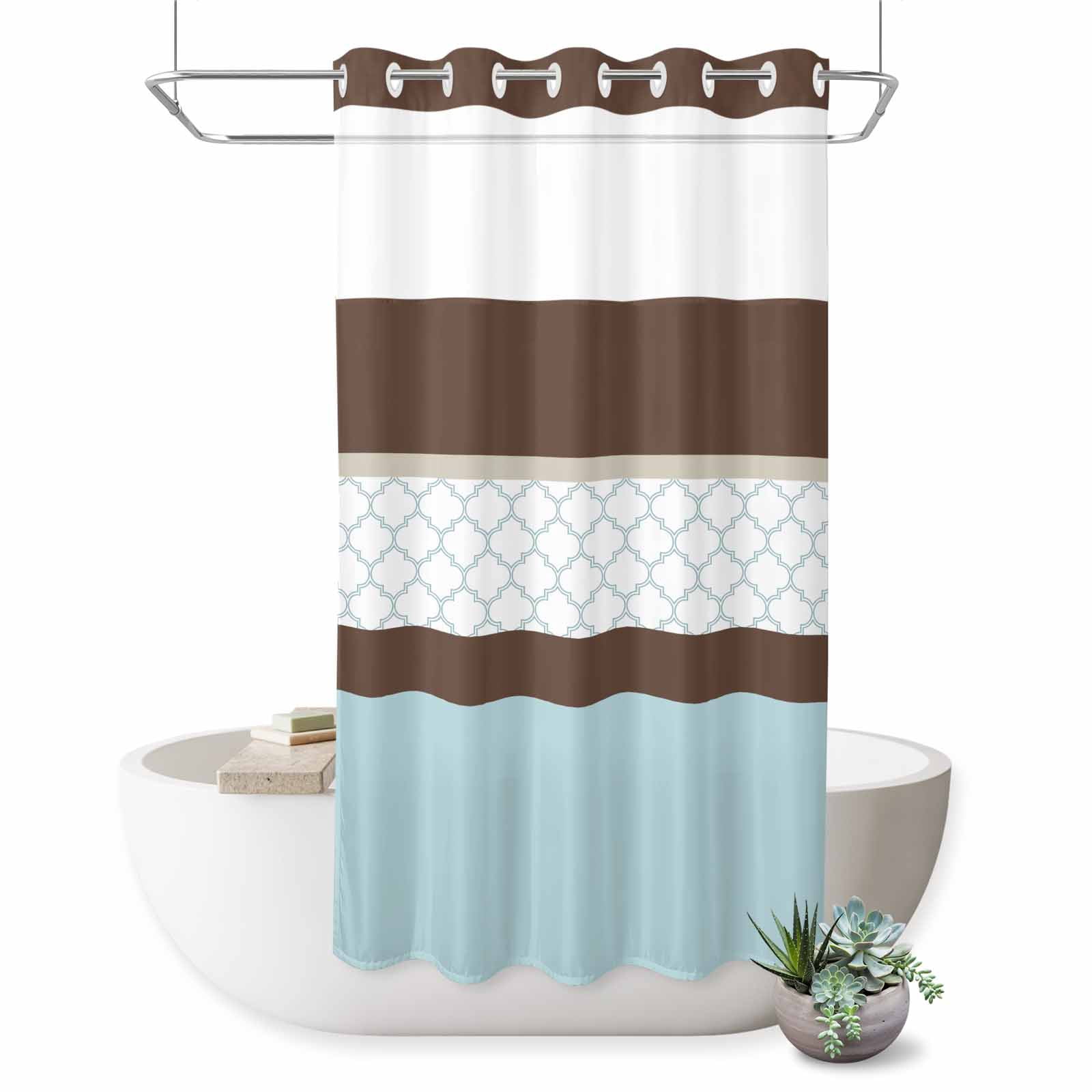 Small Stall No Hook Shower Curtains Blue Brown Morocco Waterproof Fabric Shower Curtain Set Geometric Stripes Aqua Stitching Bath Curtains for Bathroom Decor with See Through Top Window 36x72 Inch