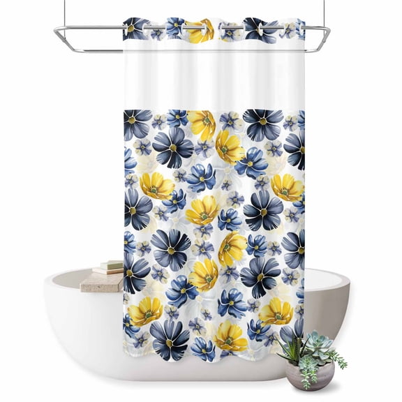 Small Stall No Hook Shower Curtains Blue Yellow Flower Waterproof Fabric Shower Curtain Set Retro Country French Daisy Floral Bath Curtains for Bathroom Decor with See Through Top Window 36x78 Inch