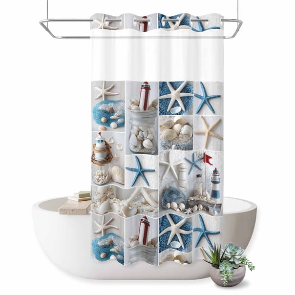 Small Stall No Hook Shower Curtains Coastal Waterproof Fabric Shower Curtain Set Summer Beach Starfish Nautical Sea Shell Bath Curtains for Bathroom Decor with See Through Mesh Top Window 36x72 Inch
