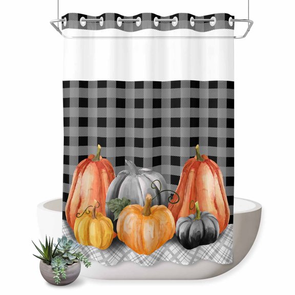 Small Stall No Hook Shower Curtains Fall Pumpkins, Waterproof Fabric Shower Curtain Set Thanksgiving Autumn Grey Plaid Lattice Bath Curtains for Bathroom Decor with See Through Top Window 48x72 Inch
