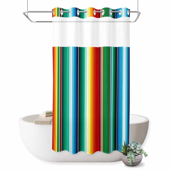 Small Stall No Hook Shower Curtains Mexican Stripes Waterproof Fabric Shower Curtain Set Colorful Striped Mexican Fiesta Theme Bath Curtains for Bathroom Decor with See Through Top Window 36x78 Inch