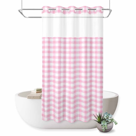 Small Stall No Hook Shower Curtains Pink Waterproof Fabric Shower Curtain Set Country French Rustic Buffalo Plaid Modern Art Bath Curtains for Bathroom Decor with See Through Top Window 36x72 Inch
