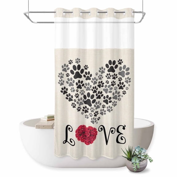 Small Stall No Hook Shower Curtains Romance Love Waterproof Fabric Shower Curtain Set Heart Dog Paw Prints Roses Beige Bath Curtains for Bathroom Decor with See Through Mesh Top Window 36x72 Inch