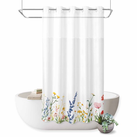 Small Stall No Hook Shower Curtains Spring Flowers Waterproof Fabric Shower Curtain Set Simple Botanical Wildflowers Herbs Bath Curtains for Bathroom Decor with See Through Mesh Top Window 36x72 Inch
