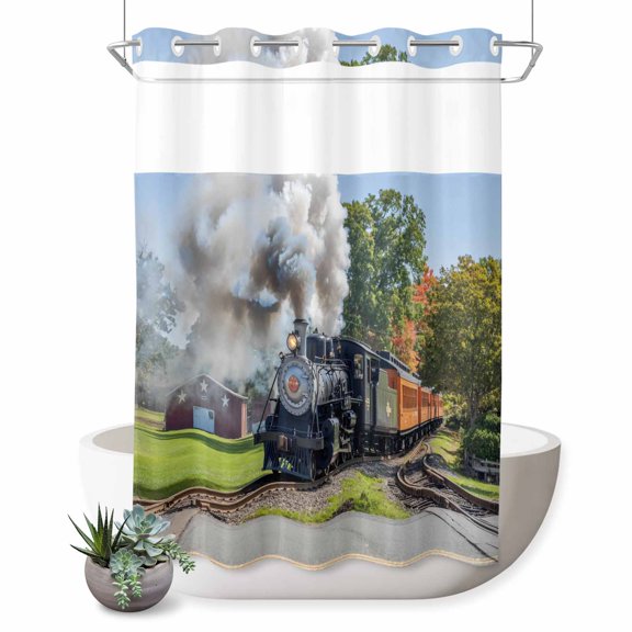 Small Stall No Hook Shower Curtains Train Railway Waterproof Fabric Shower Curtain Set Countryside Cabin Trees Farmhouse Rustic Bath Curtains for Bathroom Decor with See Through Top Window 48x72 Inch