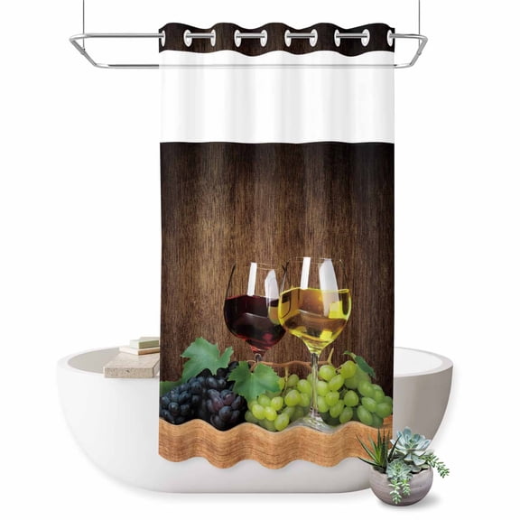 Small Stall No Hook Shower Curtains Wine Waterproof Fabric Shower Curtain Set Goblet Grapes Champagne Farmhouse Wooden Country Bath Curtains for Bathroom Decor with See Through Top Window 36x72 Inch