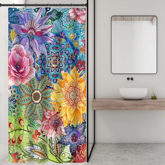Small Stall Mandala Boho Floral Shower Curtain Half 36Wx72H Inch Unique Colorful Bohemian Fancy Beautiful Retro Paisley Watercolor Flower Single Narrow Polyester Waterproof Bathroom Decor