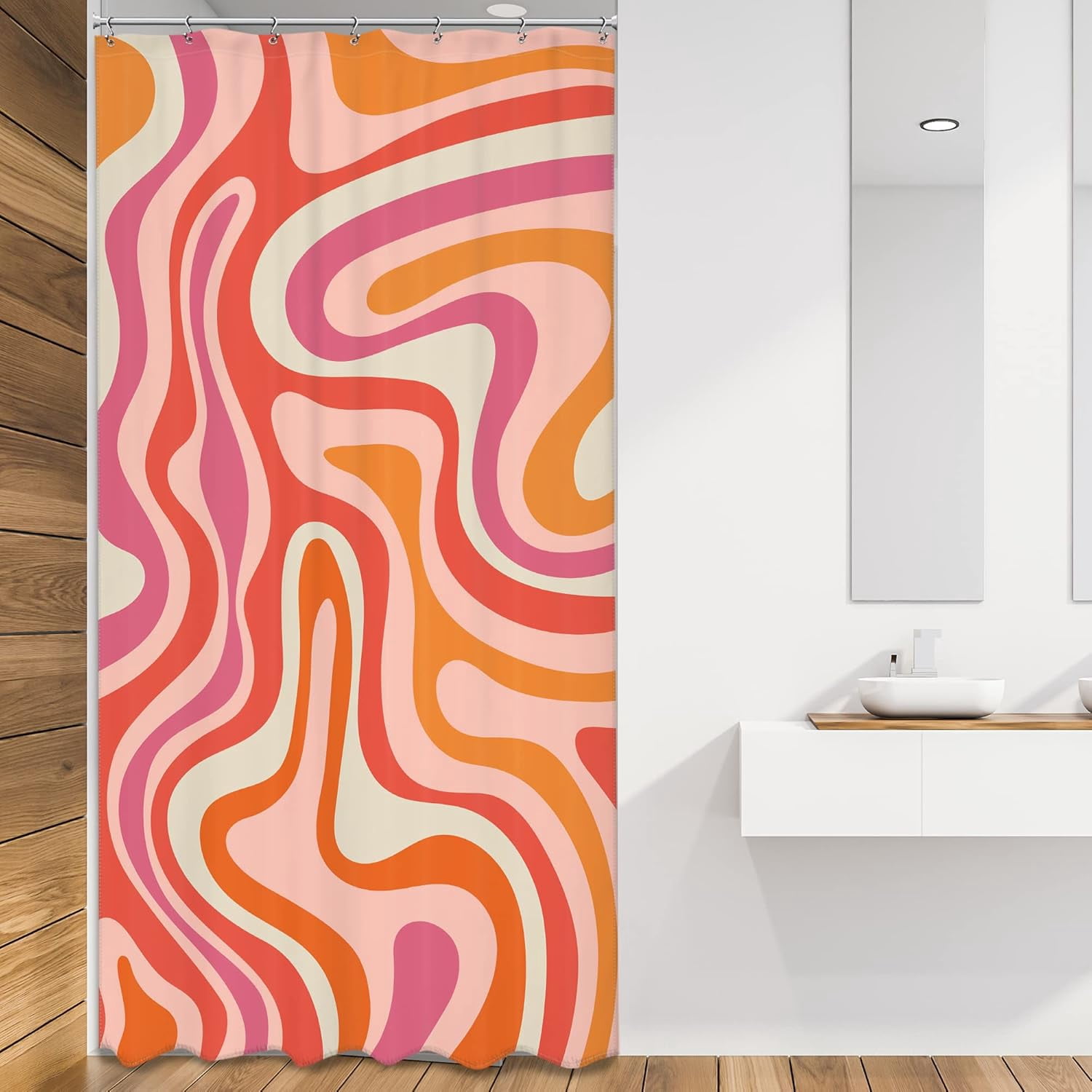 Small Stall Modern Abstract Shower Curtain 36Wx72H Inches Pink Orange Groovy Aesthetic Cute 70s Retro Swirl Narrow Bathroom Curtain Fabric Waterproof Polyester Home Decor Set with Hooks