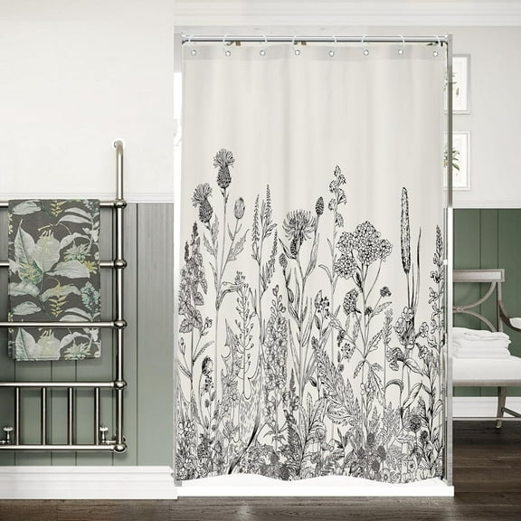 Small Stall Narrow Shower Curtain for Bathroom Decor 48Wx72H Black White Floral Wildflower Botanical Plants Natural Spring Art Printed Fabric Polyester Waterproof 8 Pack Plastic Hook
