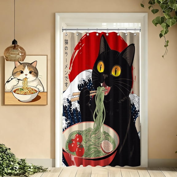 Small Stall Narrow Shower Curtain Funny Black Cat Stand Up Japanese Anime Shower Curtains for Rv Camper Bathroom Decor Sets, Waterproof Cloth Fabric with Hooks, 48 x 72 inch