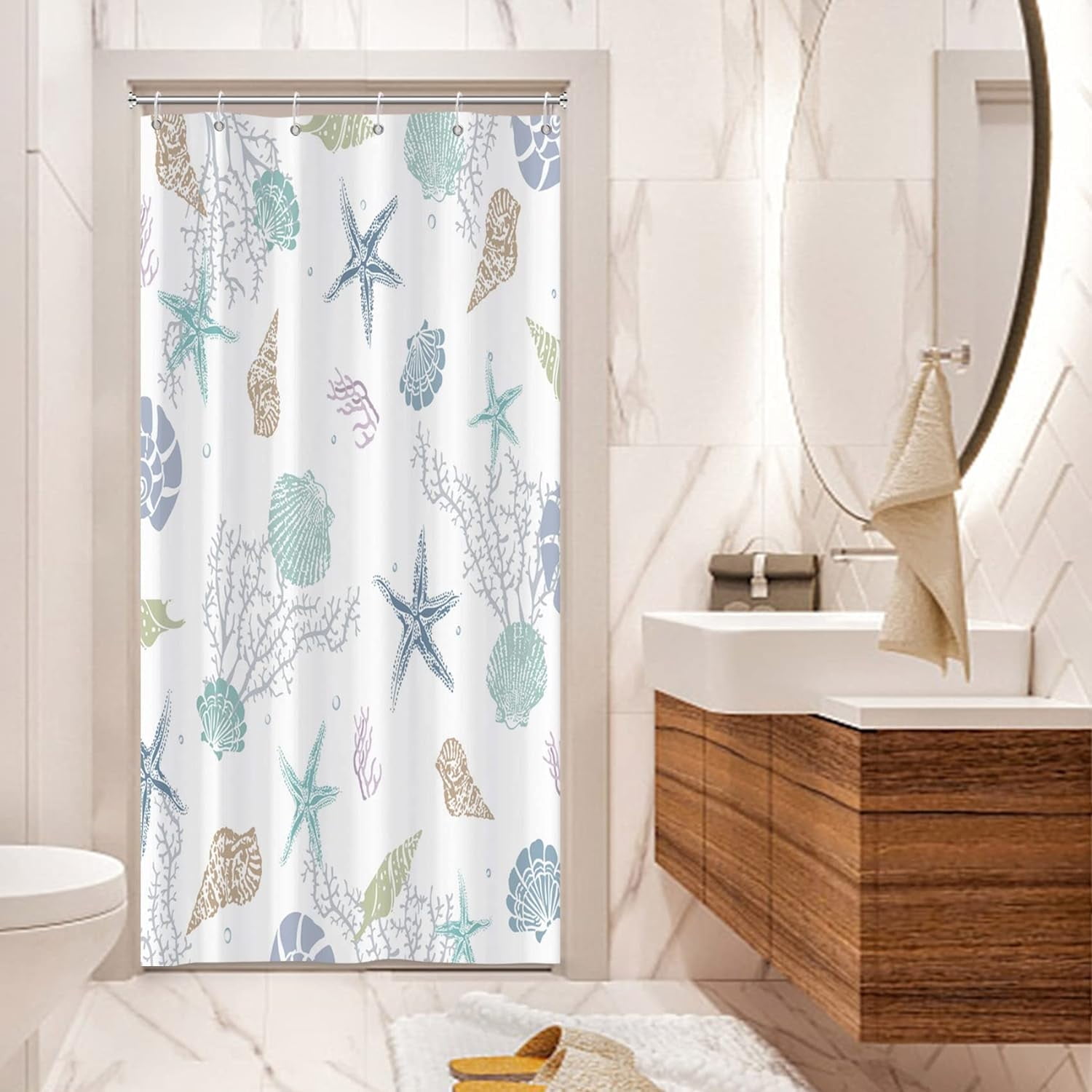Small Stall Nautical Coastal Shower Curtain, Coral Conch Starfish Seashell Bathroom Curtain ...