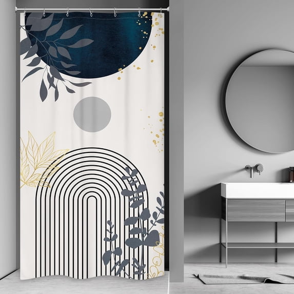 Small Stall Navy Blue Boho Mid Century Shower Curtain for Bathroom Decor 36Wx72H Modern Abstract Gold Leaves Minimalist Geometric Art Printed Fabric Polyester Waterproof 6 Pack Plastic Hooks