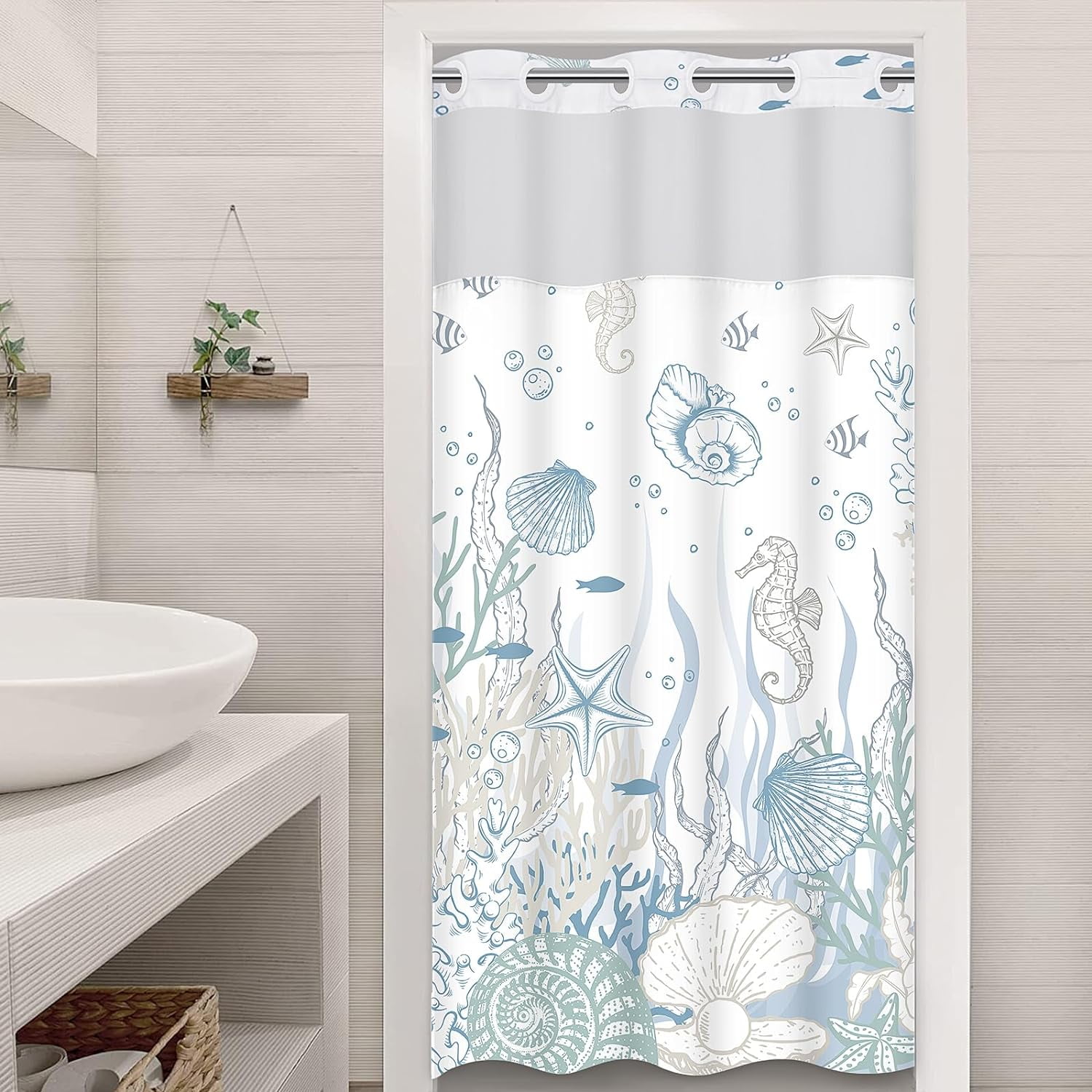 Small Stall No Hook Shower Curtain With Snap In Liner, Nautical Coastal ...