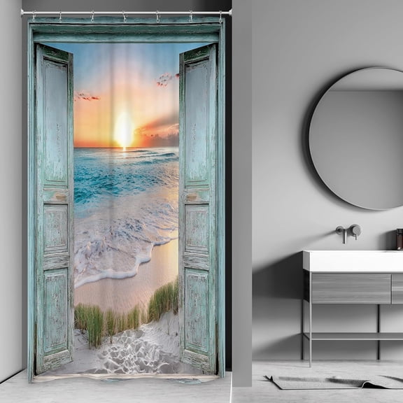 Small Stall Ocean Beach Teal Barn Door Shower Curtain for Bathroom Decor 36Wx72H Hawaiian Sunset Scenery Sea Wave Rustic Wooden Art Printed Fabric Polyester Waterproof 6 Pack Plastic Hooks