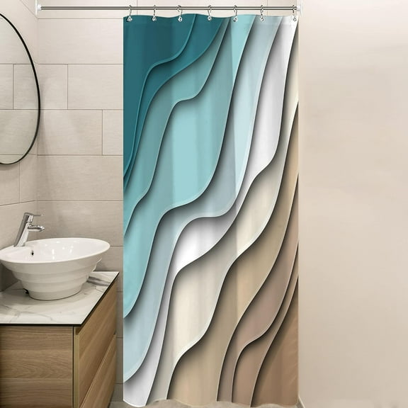 Small Stall Ombre Brown Cream Blue Shower Curtain 36Wx72H Inch Single Half Narrow RV Abstract Teal Ocean Wave Beach Bathroom Accessories Modern Home Decor Aesthetic Fabric 7 Pack Hooks