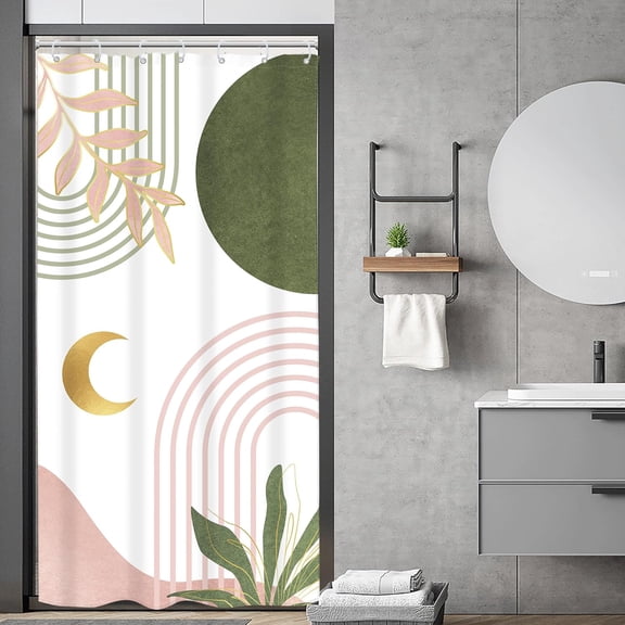 Small Stall Pink Green Boho Shower Curtain RV Single Half Size Mid Century Abstract Modern Geometric Simple 36Wx72H Inch Arch Leaves Fabric Decor Bathroom Polyester Waterproof Hooks