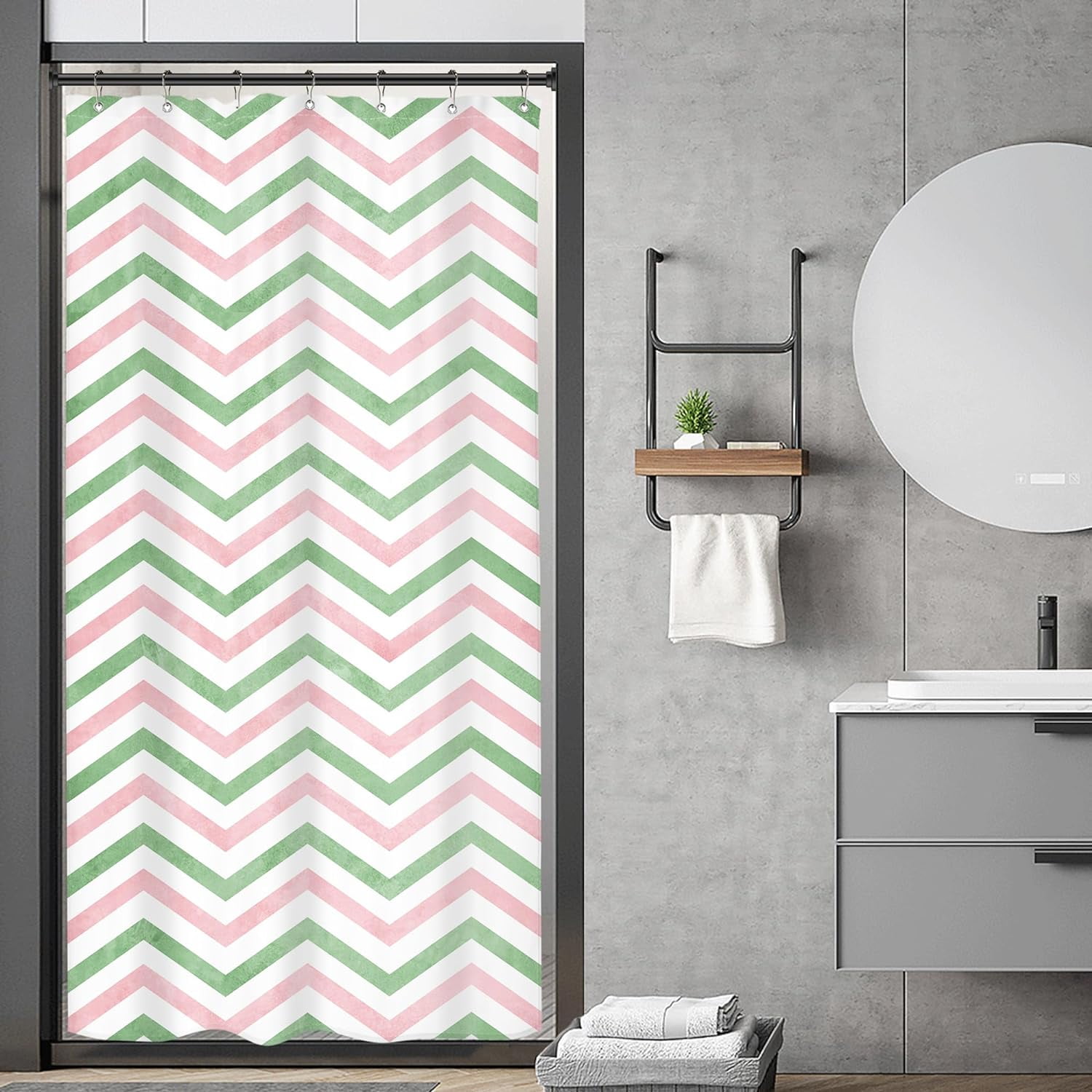 Small Stall Pink Green Shower Curtain Half Size Boho Chevron Herringbone 36Wx72H Inch Geometric ...