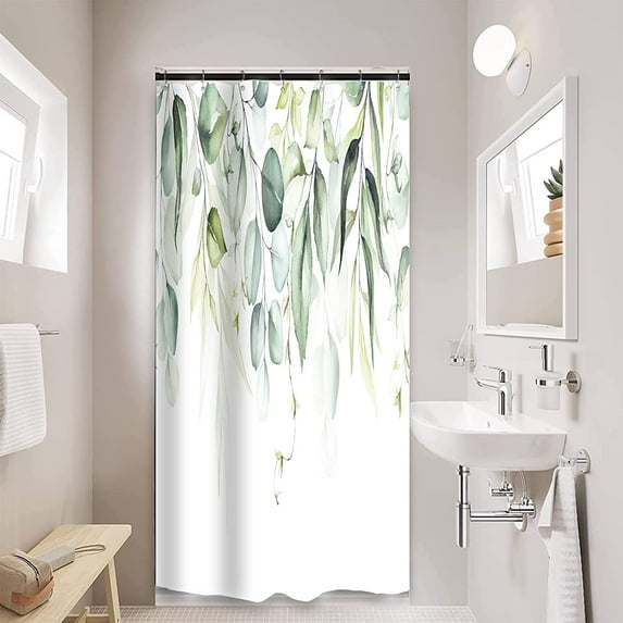 Small Stall RV Bath Shower Curtain Set 36Wx72H Inch Tropical Green Leaves Bathroom Accessories Watercolor Eucalyptus Plants Fabric Waterproof Home Bathtub Decor 7 Pack Plastic Hook