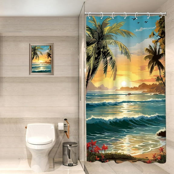 Small Stall RV Beach Ocean Shower Curtain 36Wx72L Inch Hawaii Seaside Sunset Coastal Tropical Palm Tree Flower Summer Nature 7 Pack Hooks Polyester Waterproof Fabric Bathroom Bathtub Panels
