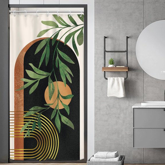 Small Stall RV Boho Black Brown Shower Curtain Narrow Mid Century Abstract Modern Arch Leaves Sun 36Wx72H Inch Geometric Minimalist Fabric Decor Bathroom Polyester Waterproof Hooks