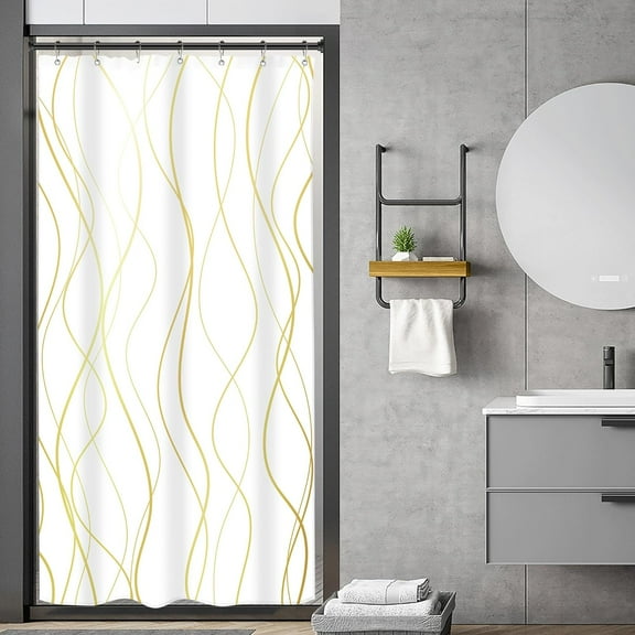 Small Stall RV Gold and White Striped Shower Curtain Abstract Lines Geometric Simple Modern Geometric Minimalist 36Wx72H Inch Neutral Fabric Decor Bathroom Polyester Waterproof 7 Pack Hooks