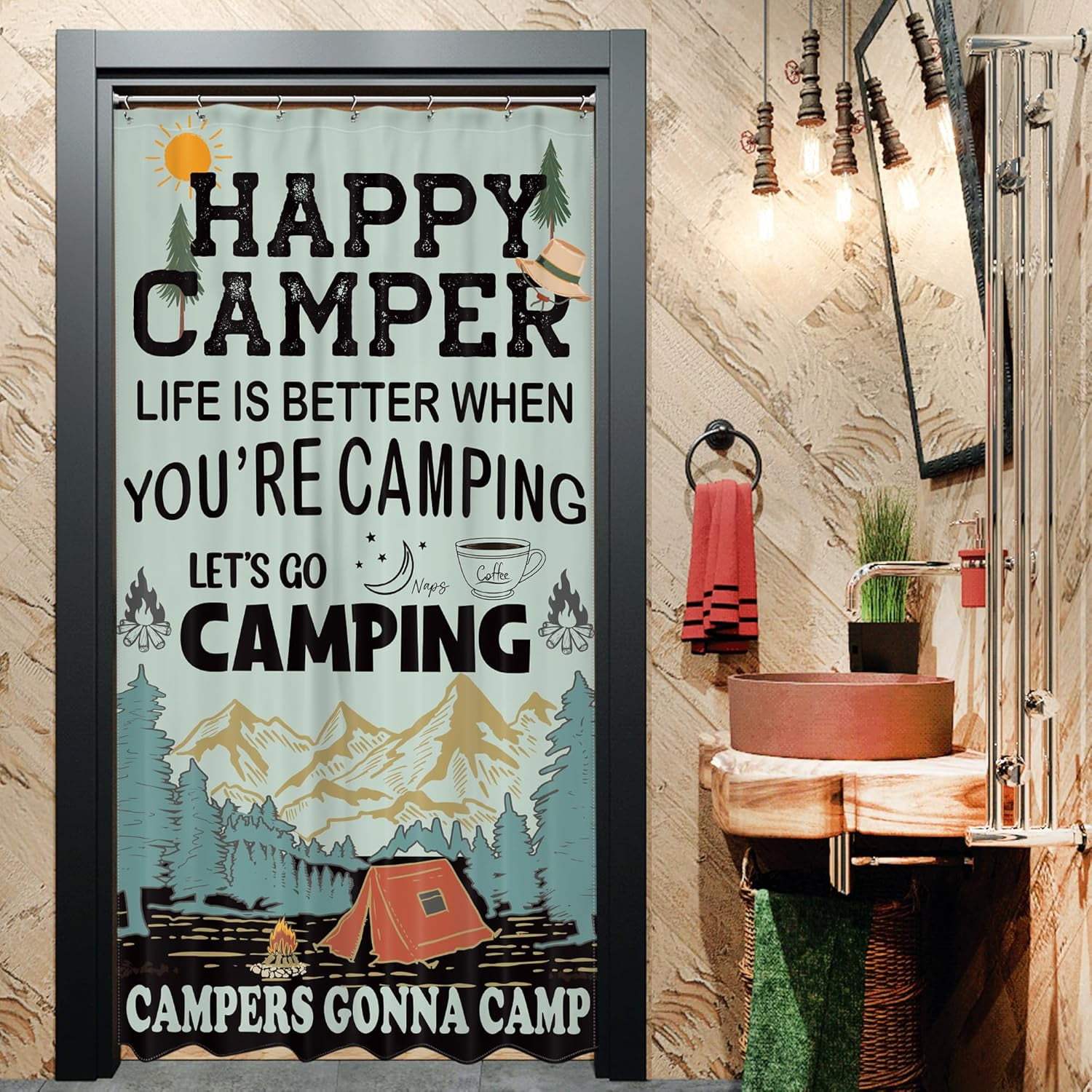 Happy Camper RV Shower Curtain Set – Rustic Tree Mountain Design, 36x72 Inches, Includes Hooks, Polyester