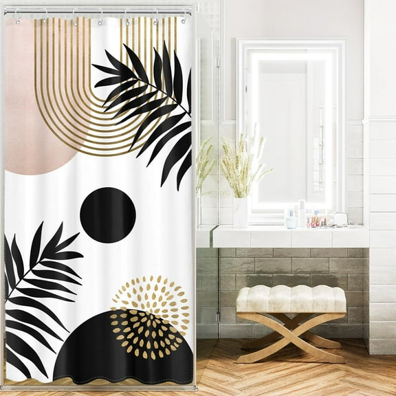 Small Stall RV Pink Black Gold Boho Shower Curtain 36Wx72H Inches Mid Century Leaves Abstract Geometric Modern Minimalist Aesthetic Plant Fabric Waterproof Polyester with 7 Pack Hooks Plastic