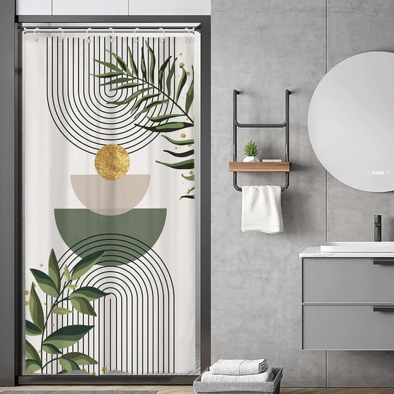 Small Stall RV Sage Green Boho Leaves Shower Curtain Half Abstract Mid Century Arch Minimalist Modern Geometric 36Wx72H Inch Gold Sun Fabric Decor Bathroom Polyester Waterproof 7 Pack Hooks
