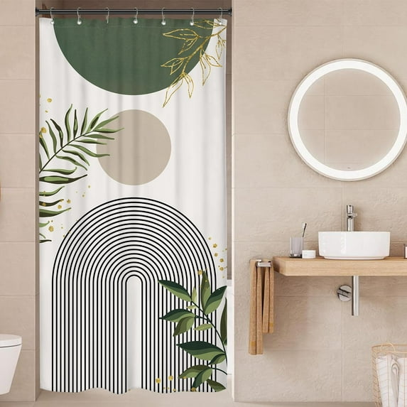 Small Stall RV Shower Curtain 36Wx72H Half Single Sage Green Modern Boho Mid Century Abstract Gold Leave Grey Plant Bathroom Decor Minimalist Arch Aesthetic Bath Curtain Polyester 7 Pack Hooks