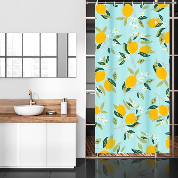 Small Stall RV Shower Curtain 36x72 Sage Green Yellow Lemon Narrow Dorm Camper Shower Curtain, Waterproof Fabric Modern Plant Shower Stall Curtains with Hooks