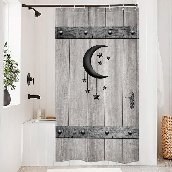 Small Stall Rv Barn Door Shower Curtain for Bathroom Decor 36Wx72H Rustic Wooden Plank Moon Stars Single Half Farmhouse Country Art Printed Fabric Polyester Waterproof 7 Pack Plastic Hooks