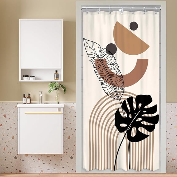 Small Stall Rv Mid Century Boho Shower Curtain 36Wx72H Inch Abstract Tropical Palm Leaf Arch Geometric Shower Curtain Bathroom Set Brown Beige Waterproof Bath Decoration Accessories Home Decor