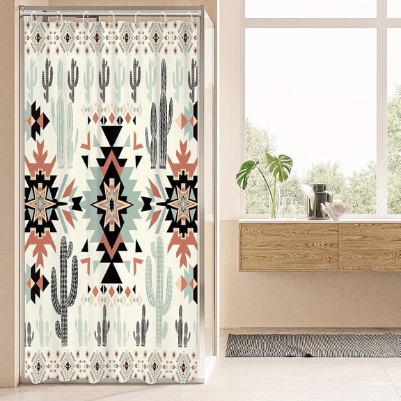 Small Stall Rv Western Aztec Cactus Shower Curtain 36Wx72H Inch Camper Southwest Boho Geometric Ethnic Shower Curtain Bathroom Set African Waterproof Bath Decoration Accessories Home Decor