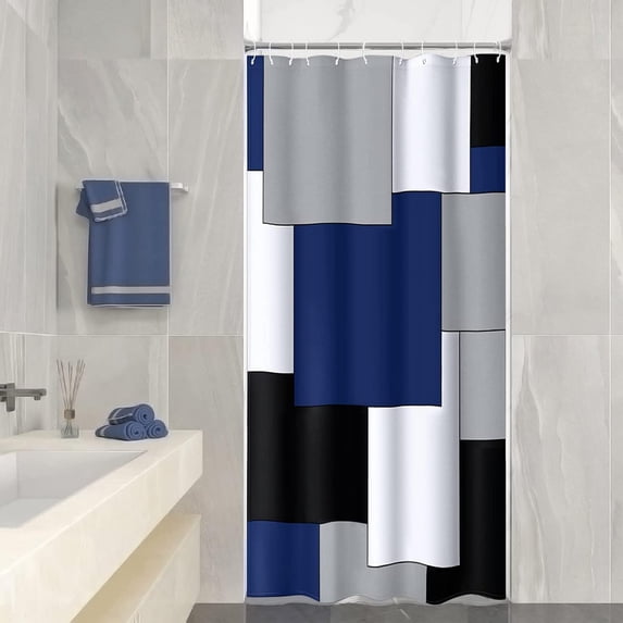 Small Stall Shower Curtain 36 Inch Shower Curtain Set with 6 White Hooks - Navy Blue Modern Bathroom Curtain Waterproof Fabric