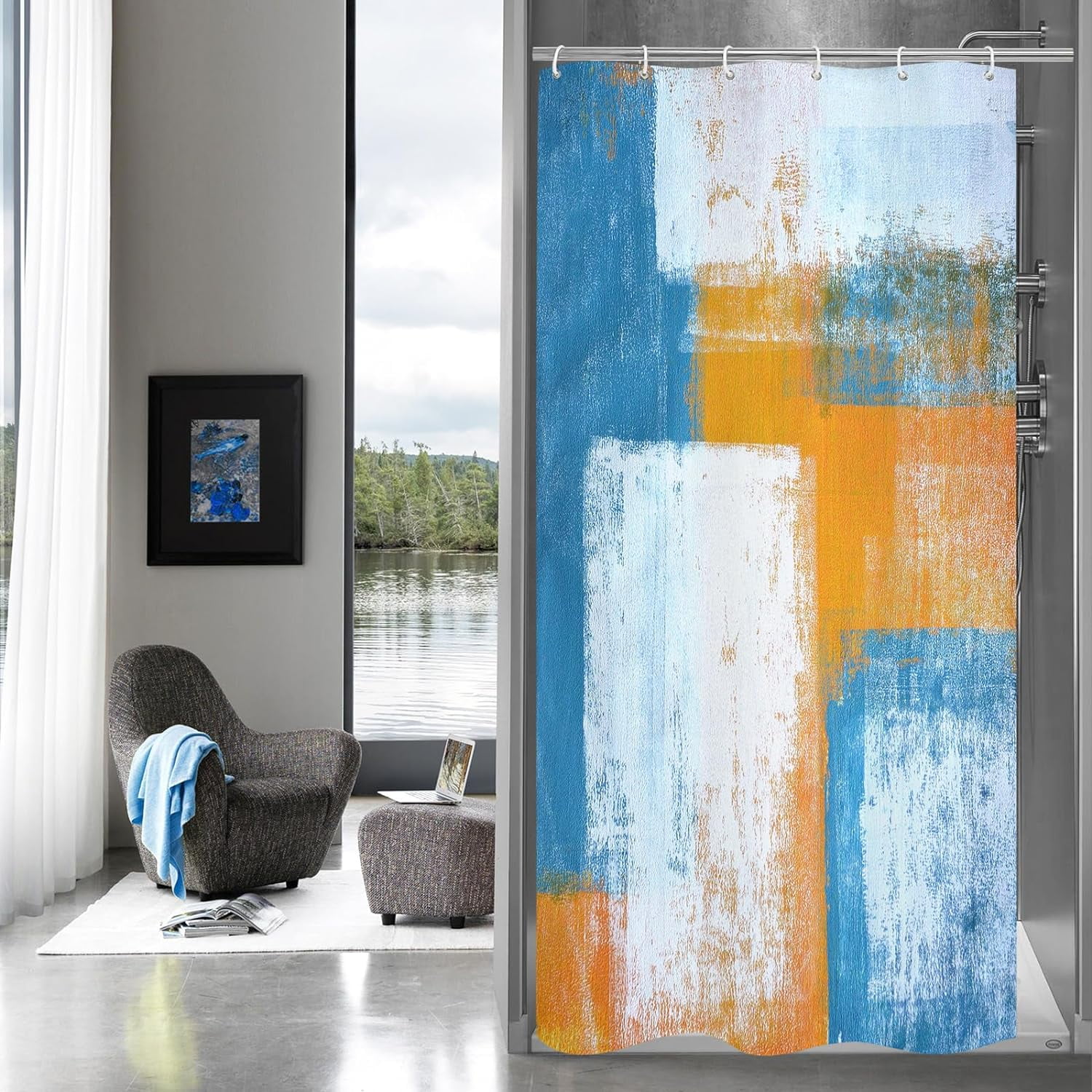 Small Stall Shower Curtain 36 x 72, Abstract Ombre Narrow Half Size Chic Shower Curtains for Modern Chic Bathroom Decor, Paint Brush Graffiti Design, Blue and Orange