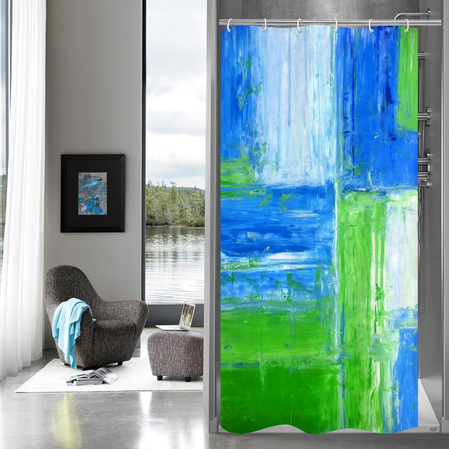 Small Stall Shower Curtain 36 x 72, Abstract Ombre Narrow Half Size Chic Shower Curtains for Modern Chic Bathroom Decor, Paint Brush Graffiti Design, Green and Blue