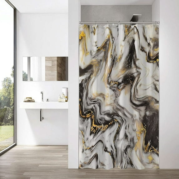 Small Stall Shower Curtain 36 x 72, Black Gold Marble Half Size Shower Curtain, Modern Abstract Narrow Shower Curtain for Bathroom Decor, 36 inch Fabric Shower Curtain Set with Hooks