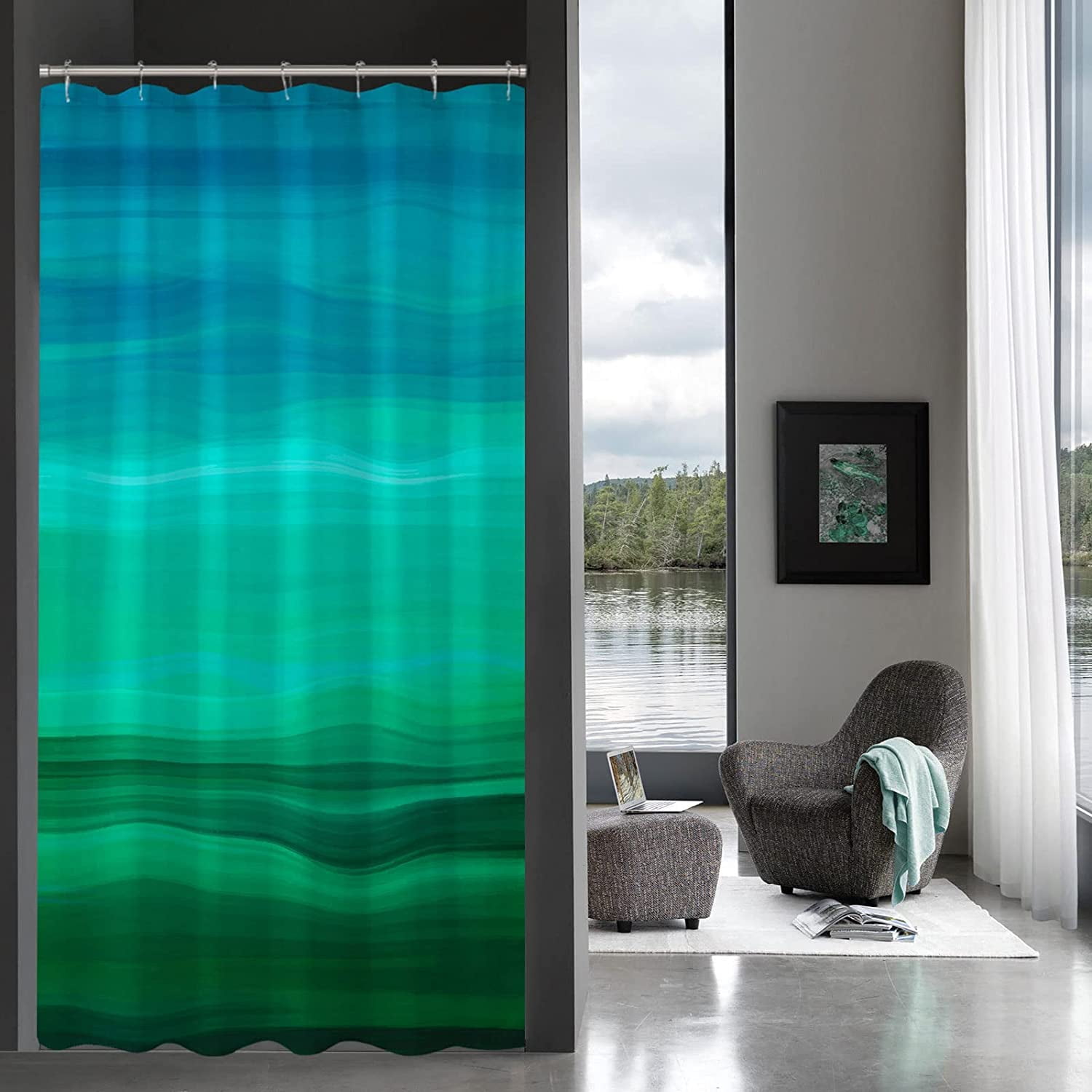 Small Stall Shower Curtain 36 x 72, Dark Green Ombre Ocean Half Size