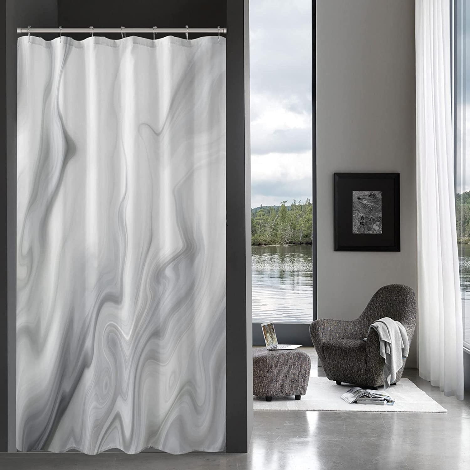Small Stall Shower Curtain 36 x 72, Grey Half Size Shower Curtain, Marble 36 inch Fabric Shower Curtain Set with Hooks, Abstract White Grey Narrow Shower Curtain for Bathroom Decor
