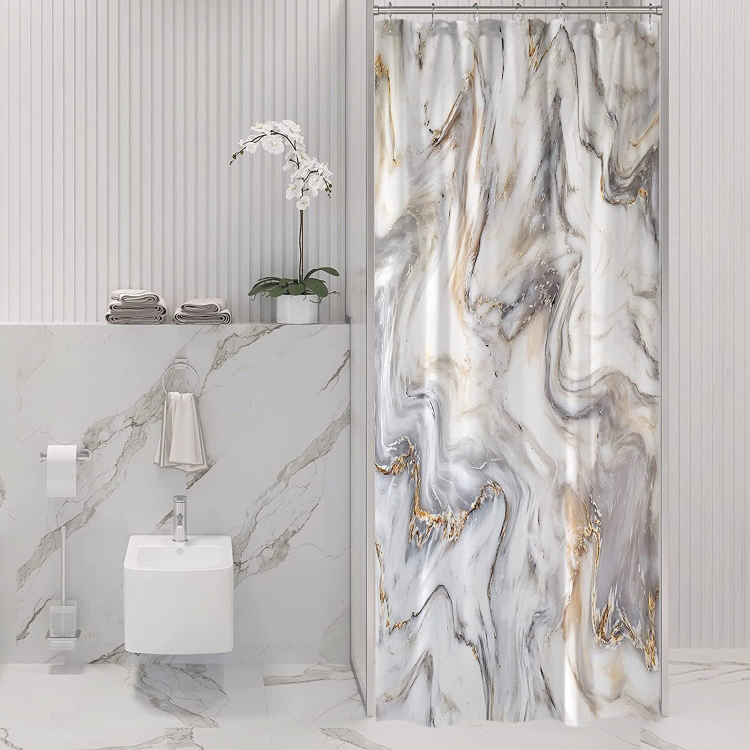 Small Stall Shower Curtain 36 x 72, Half Narrow Abstract Grey Gold Marble Shower Curtain, Modern Luxury Neutral Art Waterproof Fabric Shower Curtain for Bathroom Decor