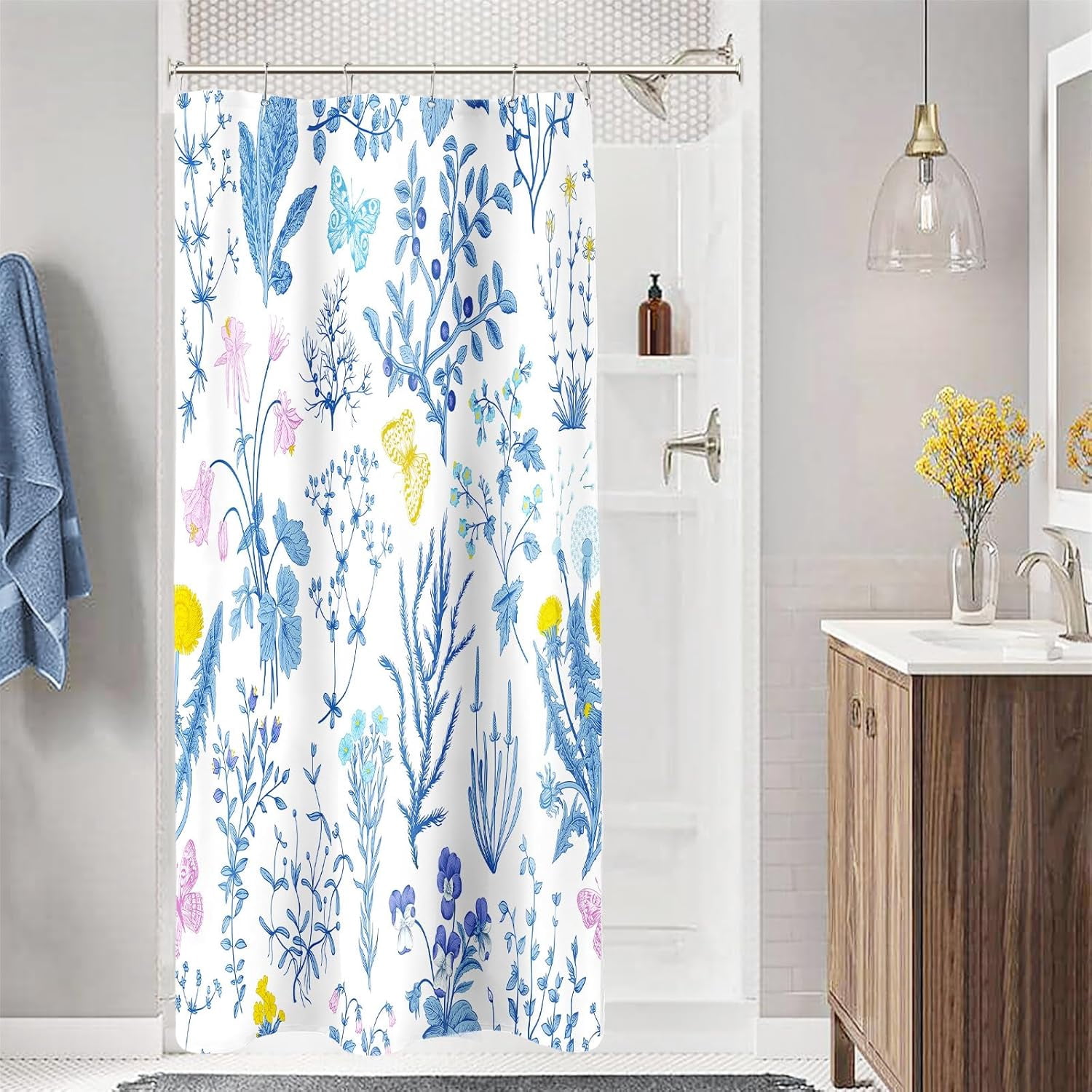 Small Stall Shower Curtain 36 x 72 Inch, Half Narrow Blue Floral Fabric ...