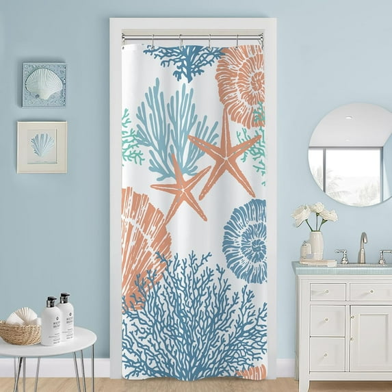 Small Stall Shower Curtain 36 x 72 Inch, Half Narrow Blue Orange Teal Nautical Coastal Shower Curtain, Summer Tropical Seashell Starfish Coral Beach Ocean Themed Shower Curtain for Bathroom