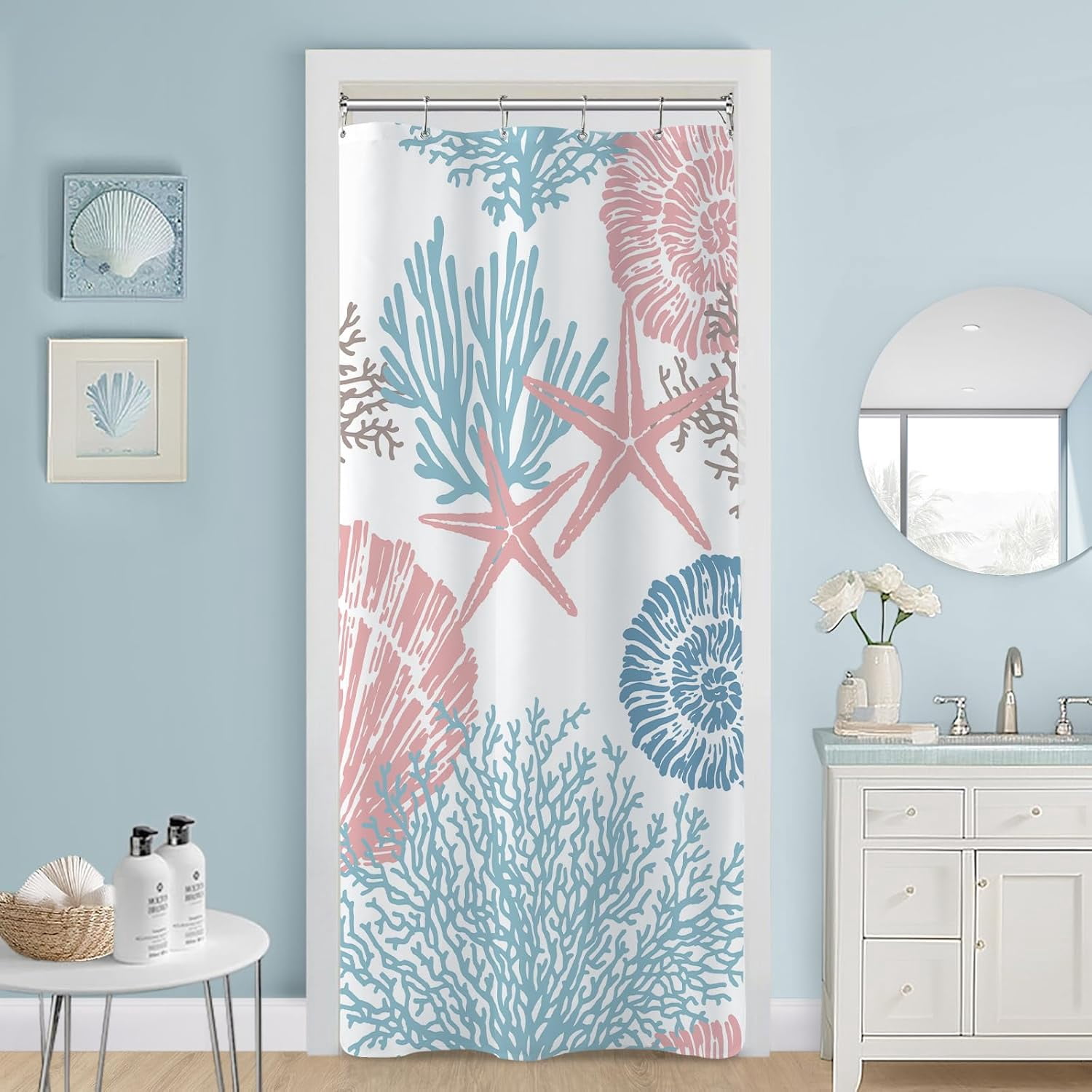 Small Stall Shower Curtain 36 x 72 Inch, Half Narrow Blue Pink Nautical Coastal Shower Curtain, Summer Tropical Seashell Starfish Coral Beach Ocean Themed Shower Curtain for Bathroom Decor