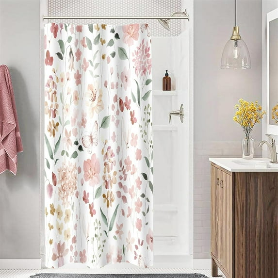Small Stall Shower Curtain 36 x 72 Inch, Half Narrow Coral Floral Shower Curtain for Bathroom, Watercolor Flower Butterfly Fabric Shower Curtain Set with Hooks
