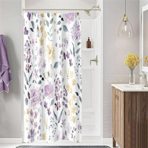 Small Stall Shower Curtain 36 x 72 Inch, Half Narrow Purple Yellow Floral Shower Curtain for Bathroom, Watercolor Flower Butterfly Fabric Shower Curtain Set with Hooks