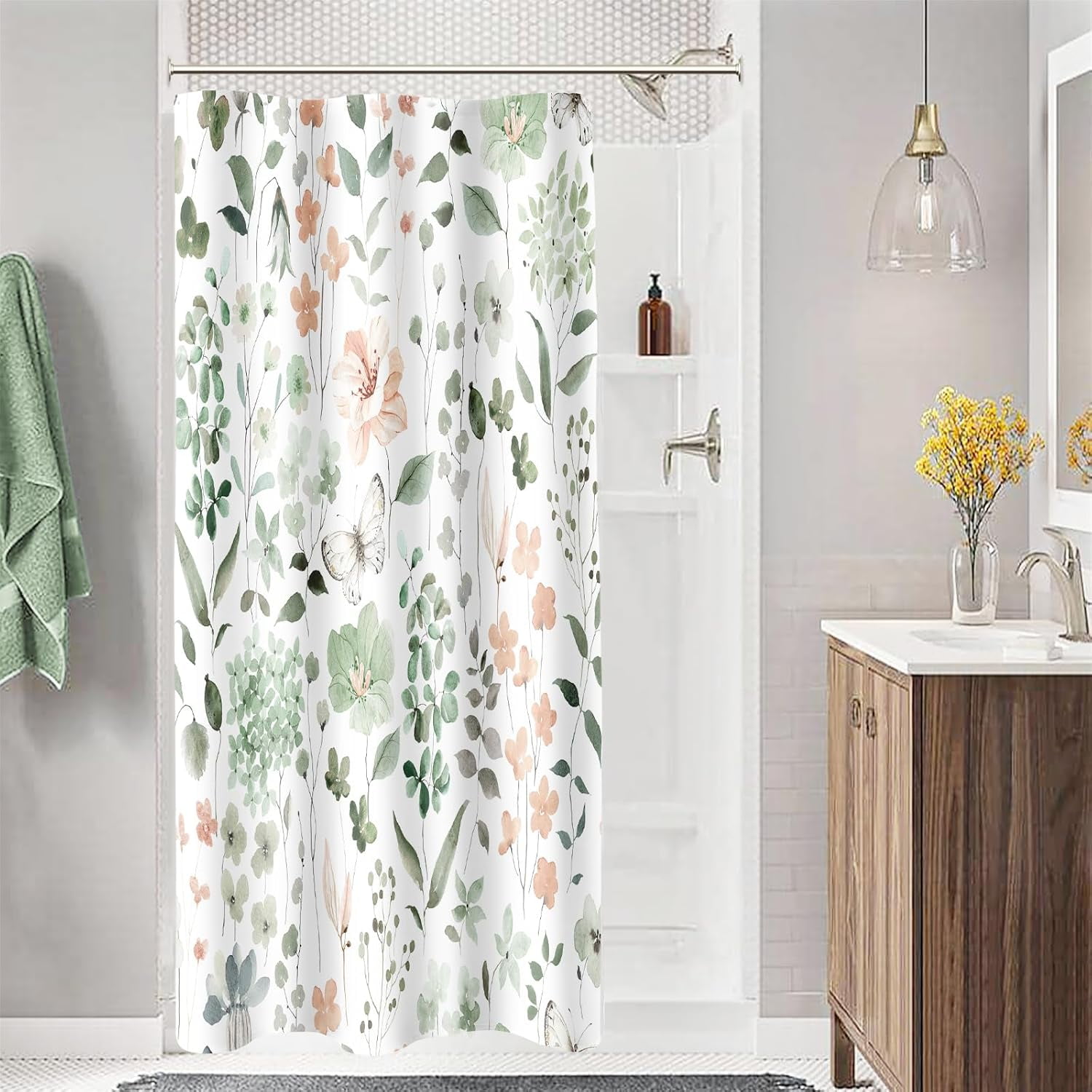 Small Stall Shower Curtain 36 x 72 Inch, Half Narrow Sage Green Floral Shower Curtain for ...