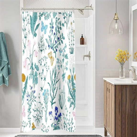 Small Stall Shower Curtain 36 x 72 Inch, Half Narrow Teal Floral Fabric Shower Curtain, Cute Botanical Herbs Flower Butterfly Aesthetic Bathroom Shower Curtain Set with Hooks