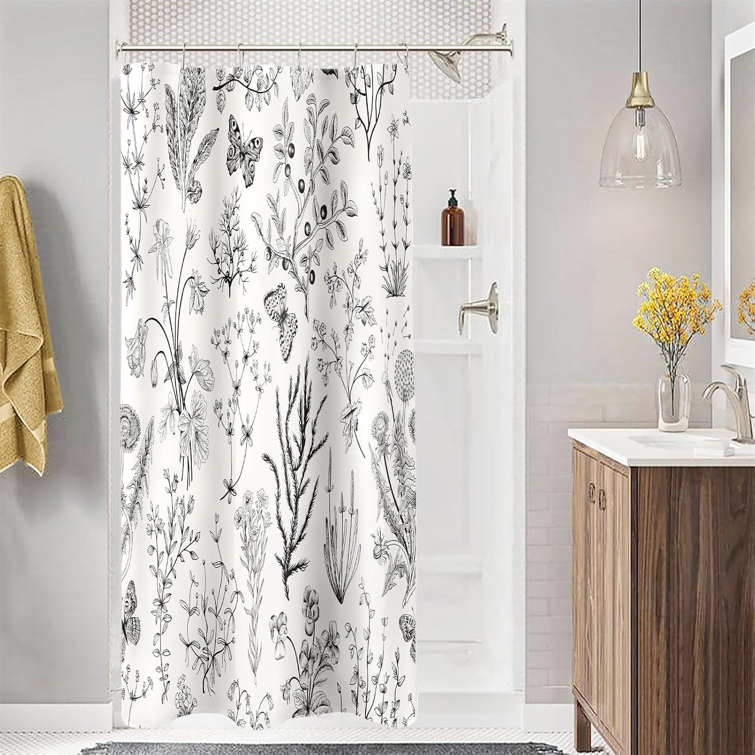 Small Stall Shower Curtain 36 x 72 Inch, Half Narrow Vintage Botanical Fabric Shower Curtain, Black Beige Retro Boho Floral Aesthetic Bathroom Shower Curtain Set with Hooks