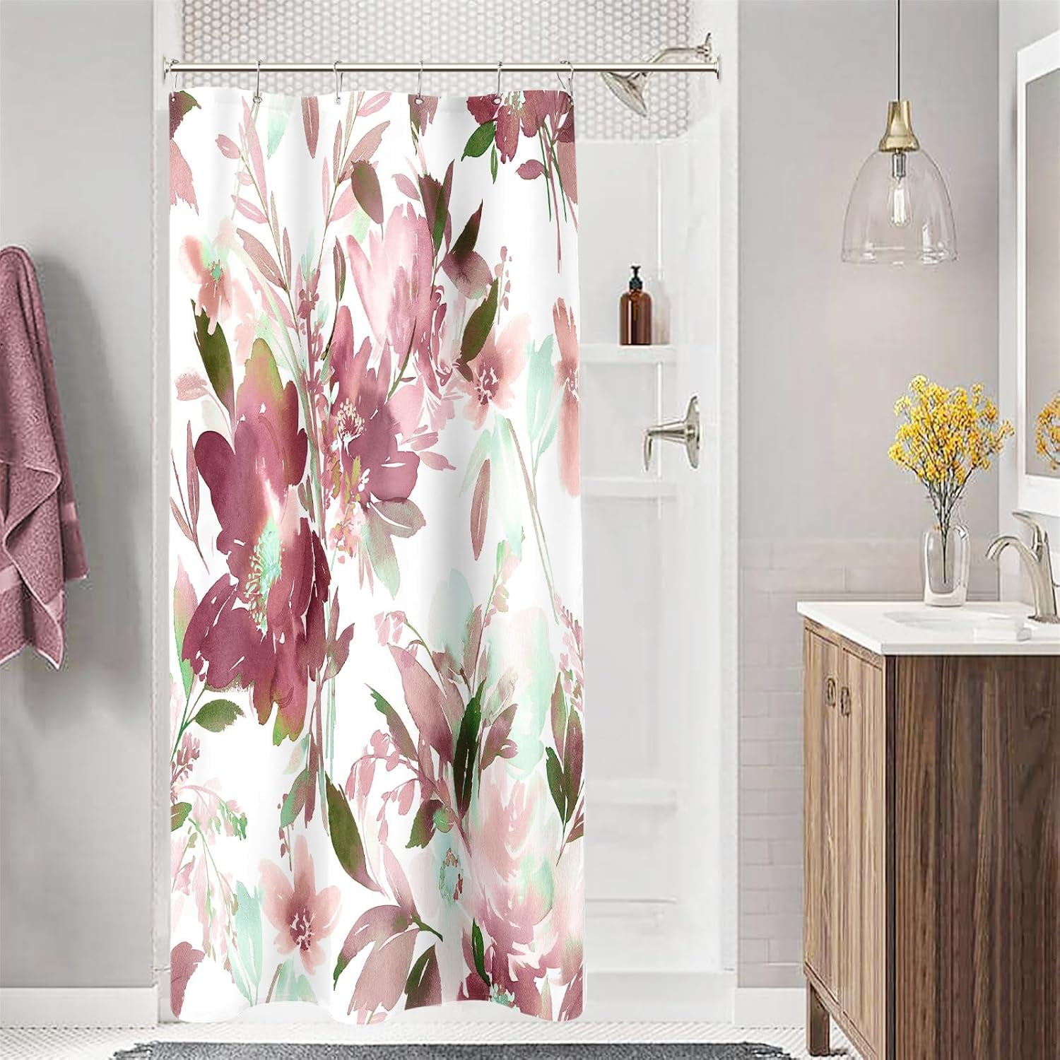 Small Stall Shower Curtain 36 x 72 Inch, Half Narrow Watercolor Floral Fabric Shower Curtain ...